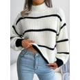 thumbnail image 1 of Striped Mock Neck Knit Sweater – Full Size Ribbed Cozy Acrylic Knit, 1 of 11