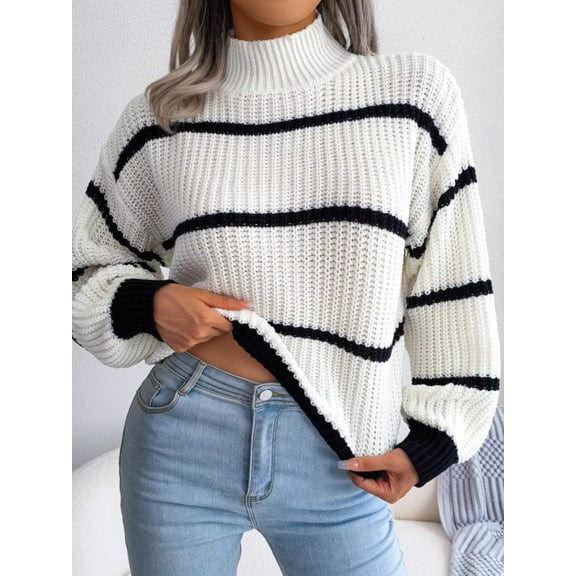 Striped Mock Neck Knit Sweater – Full Size Ribbed Cozy Acrylic Knit