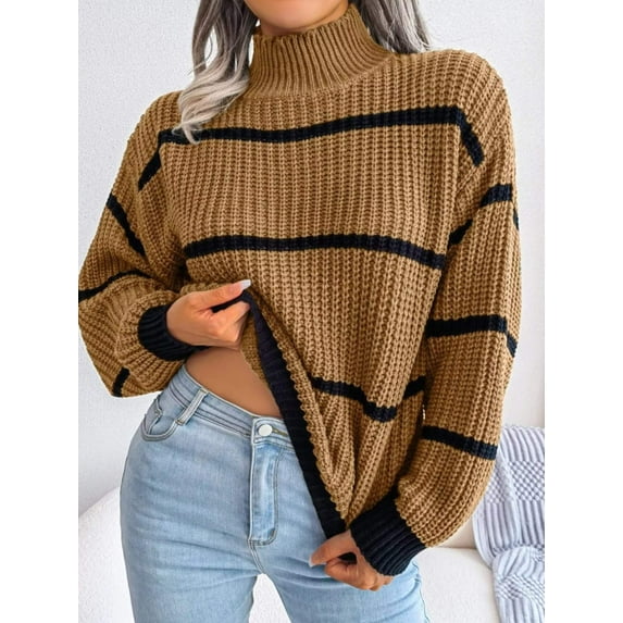 Striped Mock Neck Knit Sweater – Full Size Ribbed Cozy Acrylic Knit