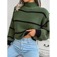 thumbnail image 1 of Striped Mock Neck Knit Sweater – Full Size Ribbed Cozy Acrylic Knit, 1 of 11