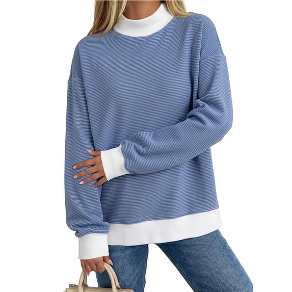 Striped Mock Neck Sweatshirt For Women Oversized Pullover Tops 2026 Long Sleeve Sweatshirts Soft Ribbed Trim Knit Material Casual Fall Winter Fashion Clothes Vacation