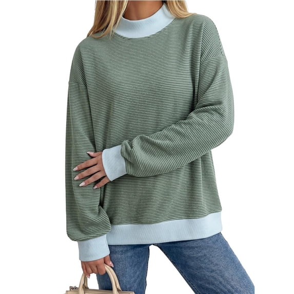 Striped Mock Neck Sweatshirt For Women Oversized Pullover Tops 2026 Long Sleeve Sweatshirts Soft Ribbed Trim Knit Material Casual Fall Winter Fashion Clothes Vacation