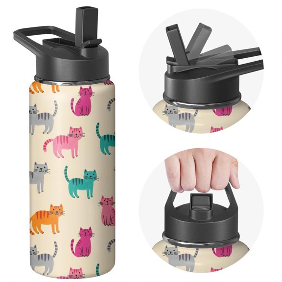 Striped Multicolor Cat Beige Pattern Insulated Water Bottle with Straw, Vacuum Insulated Reusable Insulated Drink Bottle 304 Stainless Steel Inner Liner Gifts Ideas for Home Office Outdoor Sports Car