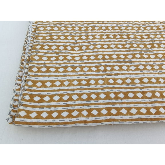Striped Mustard Kantha Mustard Quilt Indian Handblock Print Bedding Bedspread Hand Stitched Neutral Colored Kantha Quilted Rare A And E Textiles House