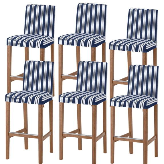 Striped Navy Blue Bar Stool Covers - Stretch Dining Chair Covers Set of 6, Farmhouse Line Stripes Classic Bar Chair Cover Removable Counter Stool Pub Chairs Slipcovers Protectors for Kitchen/Cafe