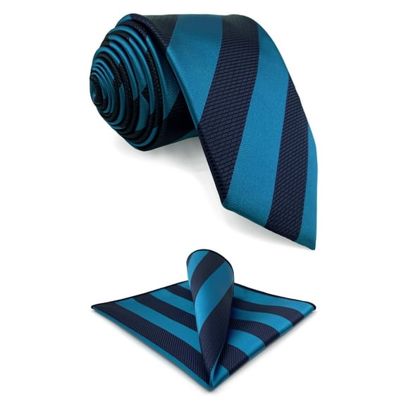 Striped Necktie Pocket Square Set for Men Deep Blue Cerulean Stripes for Suit Jacket Medium 57.5"