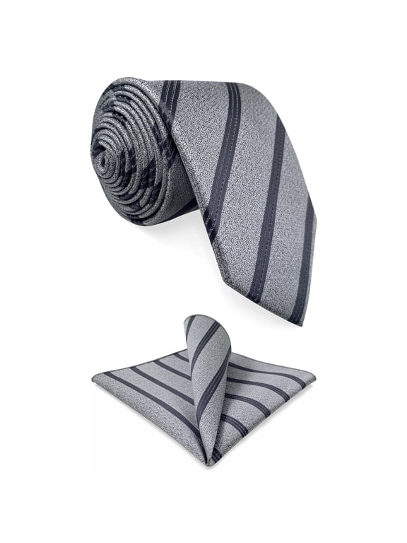 Striped Necktie Set for Men Grey Two-Tone Suit Tie with Pocket Square Formal Business Attire Skinny Slim