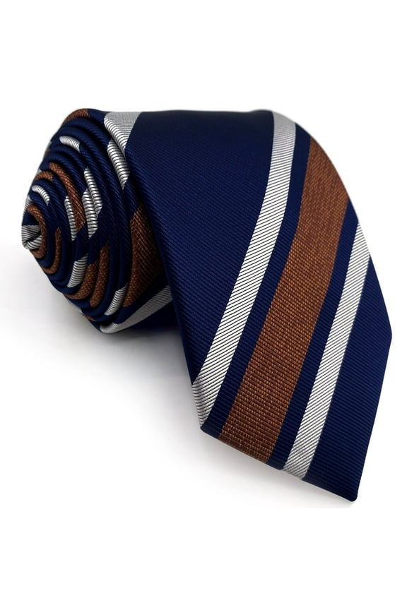 Striped Neckties for Men Navy Blue with White Brown Stripes Business Extra Long 63"
