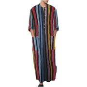 Striped Nightshirt for Men Long Sleeves Button Down Henley Shirts with Pockets, Kaftan Thobe Splits Long Gown