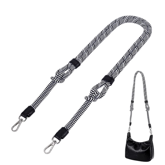 Striped Nylon Round Cord Bag Straps with Cowhide Cord Ends Platinum White Black 990x37x29mm