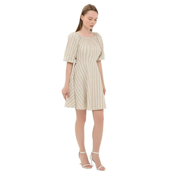 Striped Off Shoulder Balloon Sleeves Mini Dress