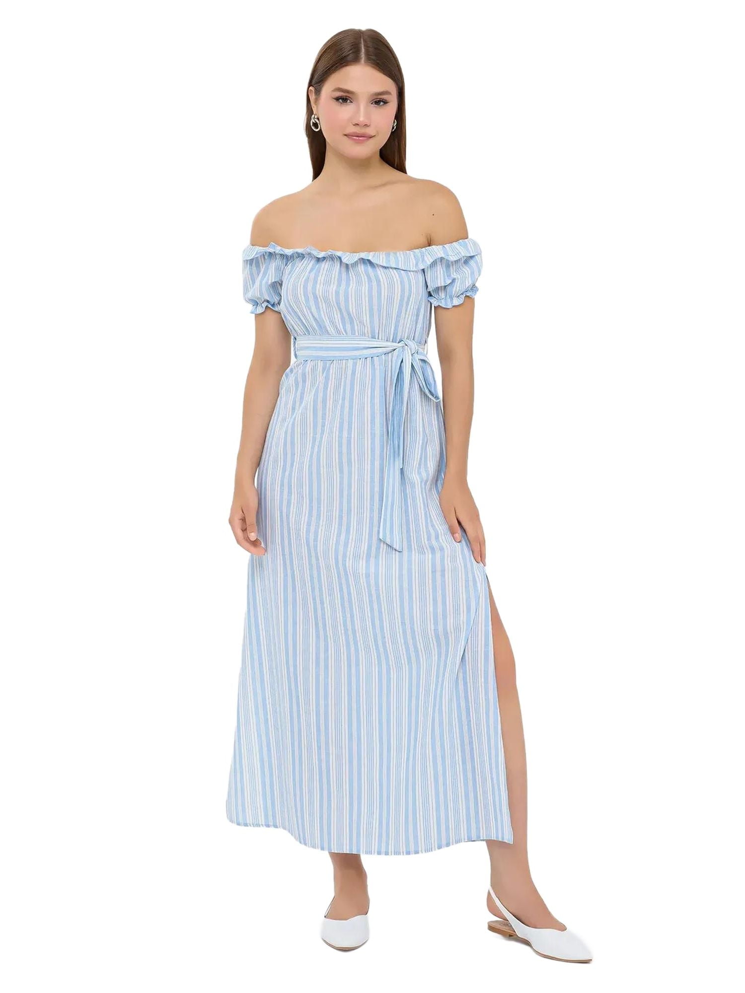 blue striped off shoulder dress Charlie Blue Striped Off Shoulder Mini Dress - 6 main image 1