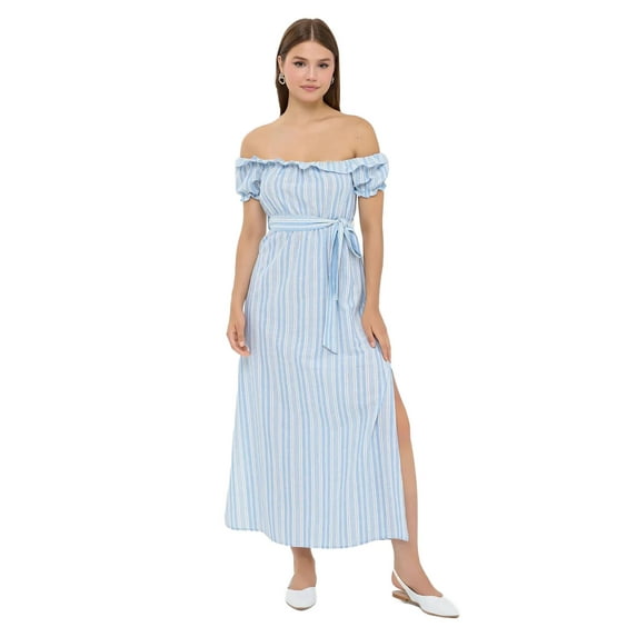 Striped Off-Shoulder Maxi Dress with Slit