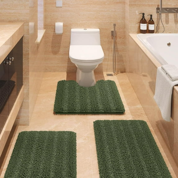 HAKUNA Striped Olive Green Bathroom Rug Set 3 Pieces Ultra Soft, Non Slip Chenille Toilet Mat, Absorbent Plush Shaggy Bath Mats for Bathroom, Bedroom, Kitchen