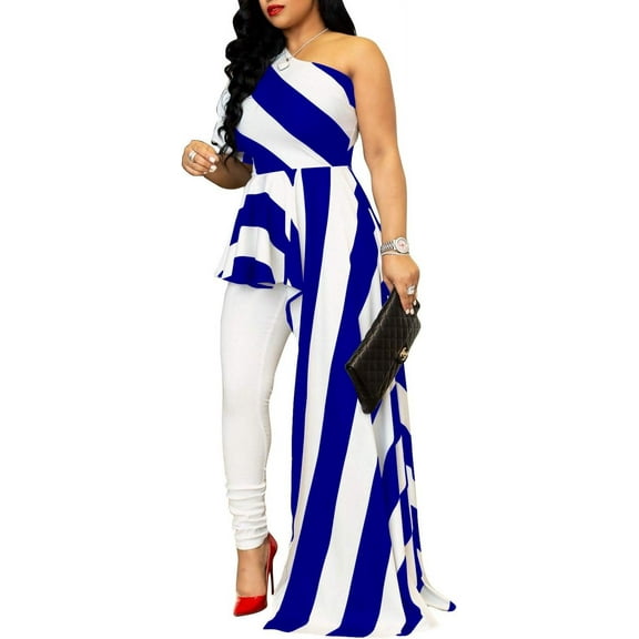Striped One Shoulder High Low Irregular Blouse Top Women's Ruffle Peplum Top Shirts Maxi Dress