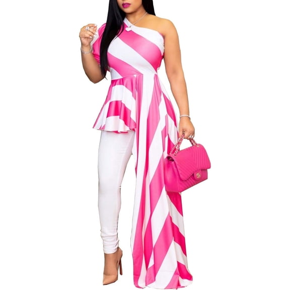 Striped One Shoulder High Low Irregular Blouse Top Women's Ruffle Peplum Top Shirts Maxi Dress