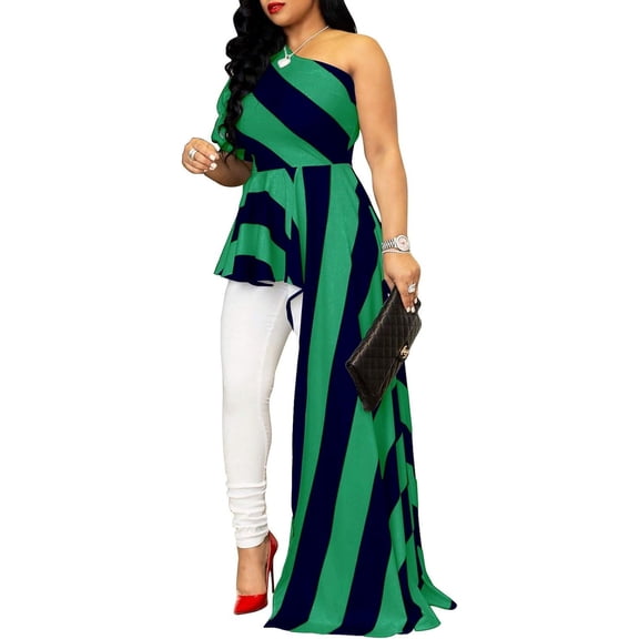 Striped One Shoulder High Low Irregular Blouse Top Women's Ruffle Peplum Top Shirts Maxi Dress