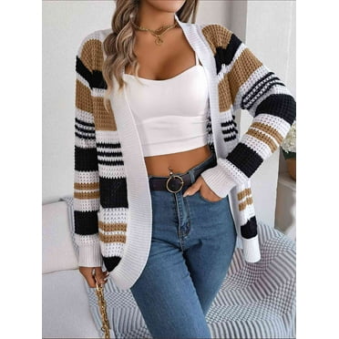 Striped Open Front Long Sleeve Cardigan, Trendsi