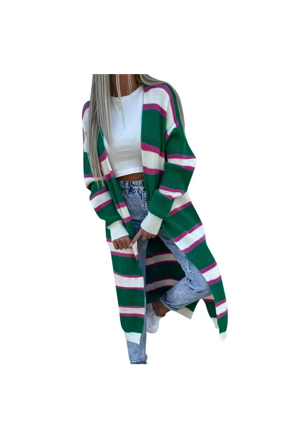 Striped Open Front Sweater for Women Long Sleeve Fashion Cardigan Loose Fit Cozy Outerwear Fall Winter Knitted Coat