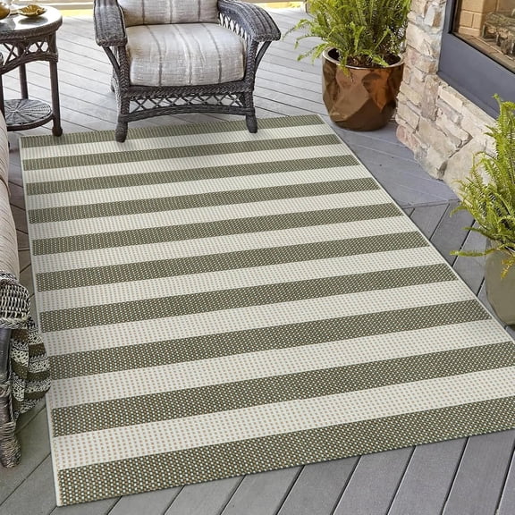 Striped Outdoor Area Rug 4'x6' Washable Patio Rugs Cotton Woven Living Room Rug Farmhouse Indoor Outdoor Rugs Large Floor Carpet for Courtyard/Bedroom/Entryway (Green/White/Tan)