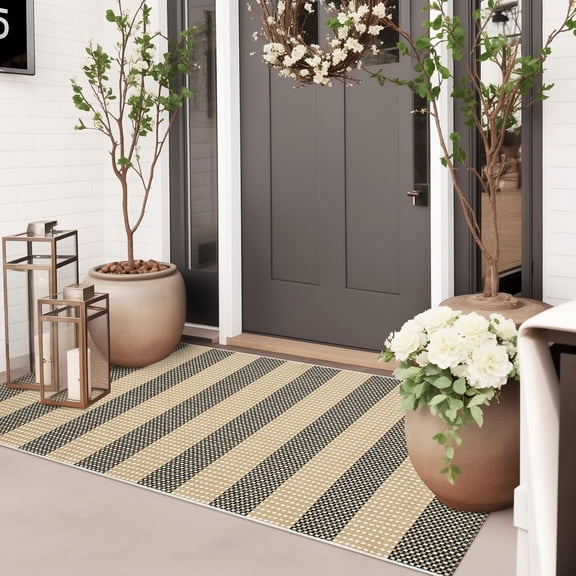 Striped Outdoor Front Door Mat 24"x51", Cotton Hand Woven Rug Indoor Doormat Washable Black and Tan Rug Runner, Foldable Front Door Rugs for Entryway/Farmhouse/Home Entrance