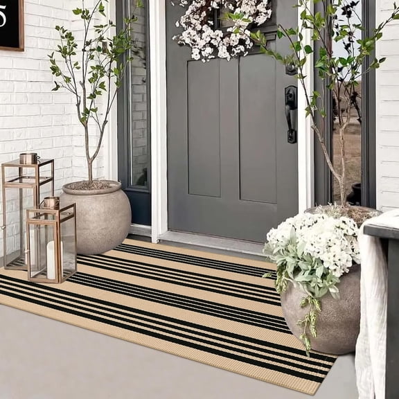 Striped Outdoor Front Door Mat, Cotton Hand Woven Washable Black and Khaki Rug Runner, Reversible Foldable Indoor Layered for Entryway