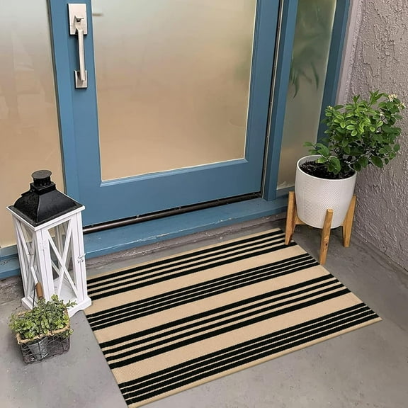 Striped Outdoor Rug 27.5x43 Inches, Reversible Washable Front Fall Door Mats, Black and Khaki Outdoor Front Porch Rug, Welcome Layered Doormat Entryway Rug for Entrance, Doorway