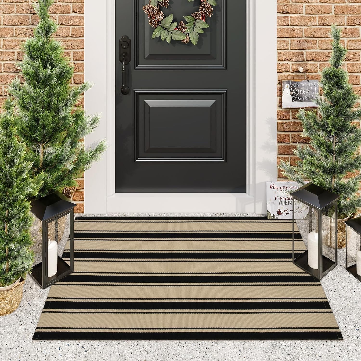Striped Outdoor Rug 27.5x43 Inches, Reversible Washable Front Fall Door Mats, Black and Khaki Outdoor Front Porch Rug, Welcome Layered Doormat Entryway Rug for Entrance, Doorway