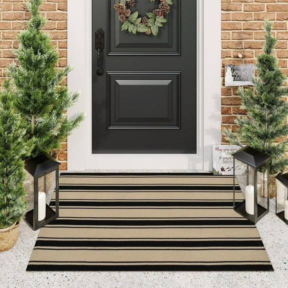 Striped Outdoor Rug 27.5x43 Inches, Reversible Washable Front Fall Door Mats, Black and Khaki Outdoor Front Porch Rug, Welcome Layered Doormat Entryway Rug for Entrance, Doorway