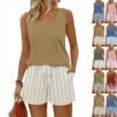 Striped Outfits for Women 2 Piece Sets Sleeveless Square Neck Tank Tops and Beach Shorts Set Loungewear Sets,Camel,L