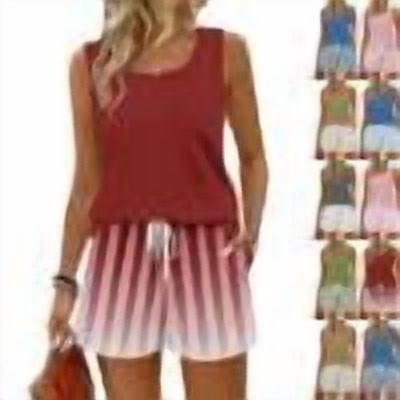 Striped Outfits for Women 2 Piece Sets Sleeveless Square Neck Tank Tops and Beach Shorts Set Loungewear Sets,Red,M