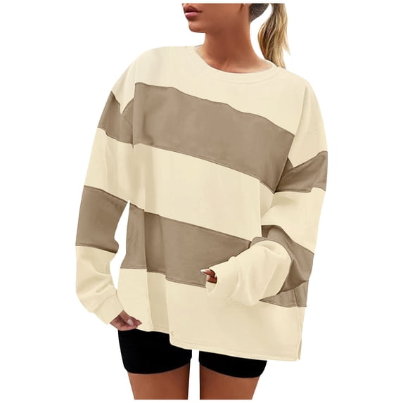 Striped Oversized Sweatshirt Crewneck Long Sleeve Loose Color Block Pullover Tops Gray S