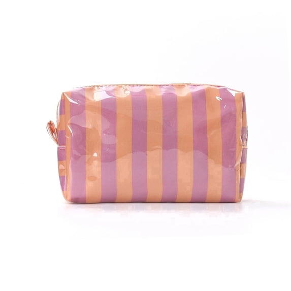 Pastel Striped PVC Cosmetic Bag, Waterproof Makeup Organizer Pouch with Zipper for Women Travel and Daily Essentials