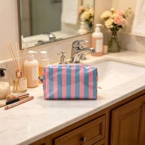 Striped PVC Cosmetic Bag Waterproof Transparent Makeup Pouch with Zipper for Travel Daily Toiletry Storage