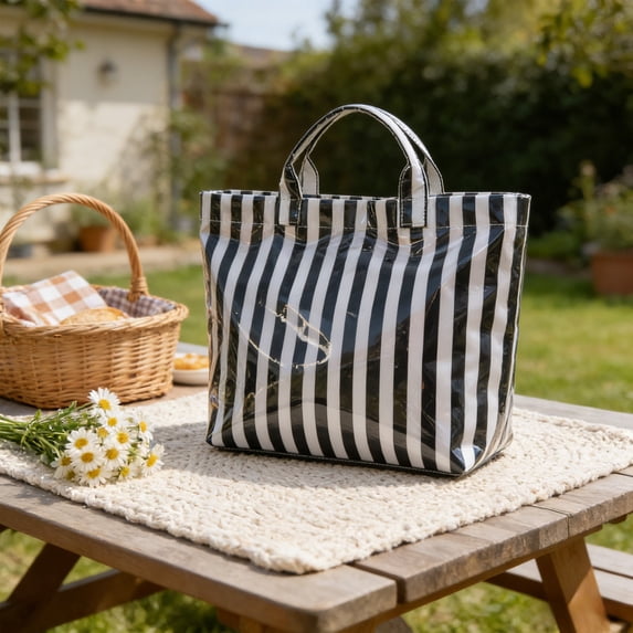 Striped PVC Tote Bag For Women, Waterproof Stylish Beach Bag Handbag (1PC, Black)