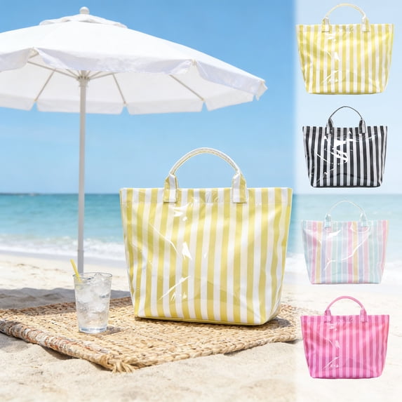 Striped PVC Tote Bag, Waterproof Glossy Large Capacity Handbag with Reinforced Handles and Flat Base for Beach, Shopping, Travel and Daily Use, Yellow