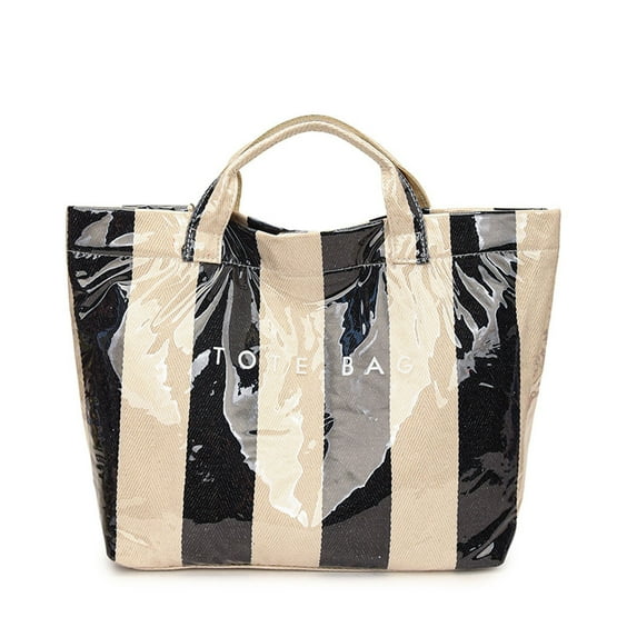 Striped PVC Tote Bag for Women, Waterproof Letter Print Shopping Bag, Plastic Handbag for Daily Use, Large Capacity Tote Bag for Work and Commute, Fashion Shoulder Bag for Travel, Campus