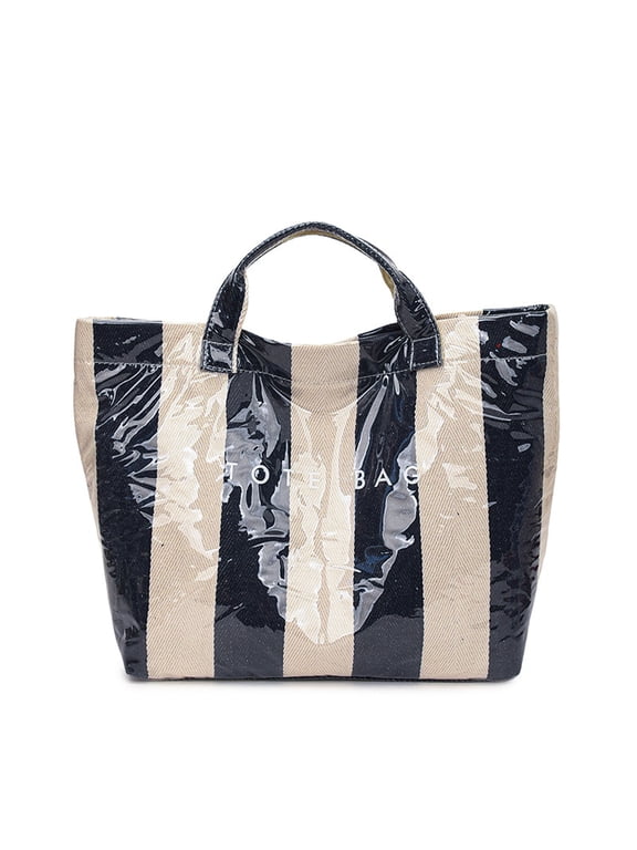 Striped PVC Tote Bag for Women, Waterproof Letter Print Shopping Bag, Plastic Handbag for Daily Use, Large Capacity Tote Bag for Work and Commute, Fashion Shoulder Bag for Travel, Campus