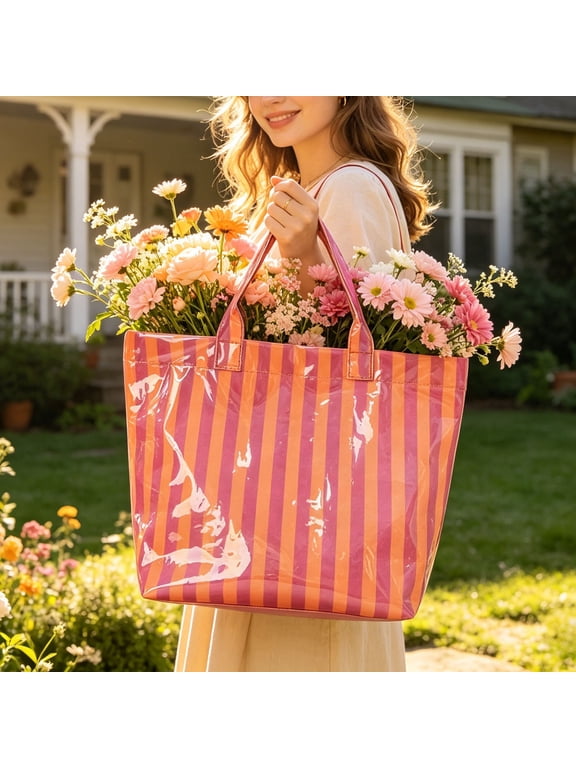 Striped PVC Tote Bag for Women, Waterproof Plastic Tote Bag for Beach Pool, Large Capacity Travel Handbag for Daily Use