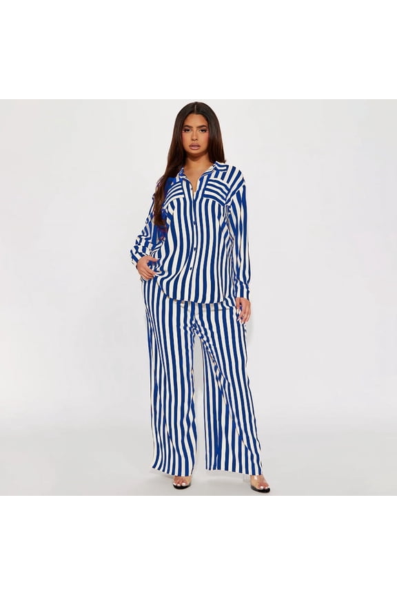 Striped Pajama Set with Buttons, Shirt and Pajama Pants (M, MultiBlue)
