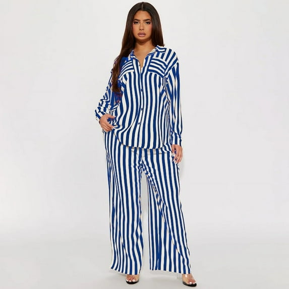 Striped Pajama Set with Buttons, Shirt and Pajama Pants (XL, MultiBlue)