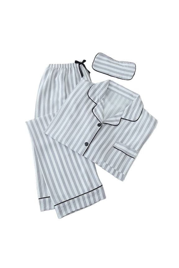 Striped Pajamas Set for Women 3 Piece Lapel Button Down Shirts Tops Long Pants with Eye Mask Soft Sleepwear