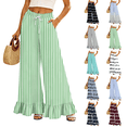 thumbnail image 1 of Striped Palazzo Pants Women Casual Oversized Gaucho Wide Leg Ruffle Flowy Pants with Pockets Baggy Vacation Summer Petite Pull On Pants Light Green XL, 1 of 7