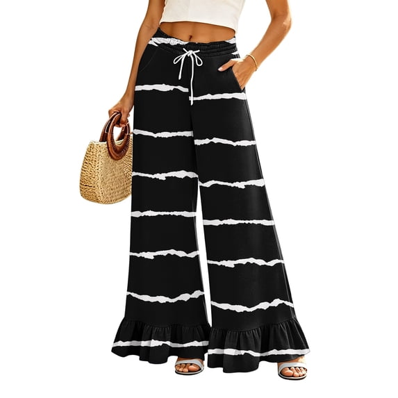 Striped Palazzo Pants for Women Casual Oversized Wide Leg Ruffle Flowy Pants with Pockets Baggy Vacation Summer Pant, M