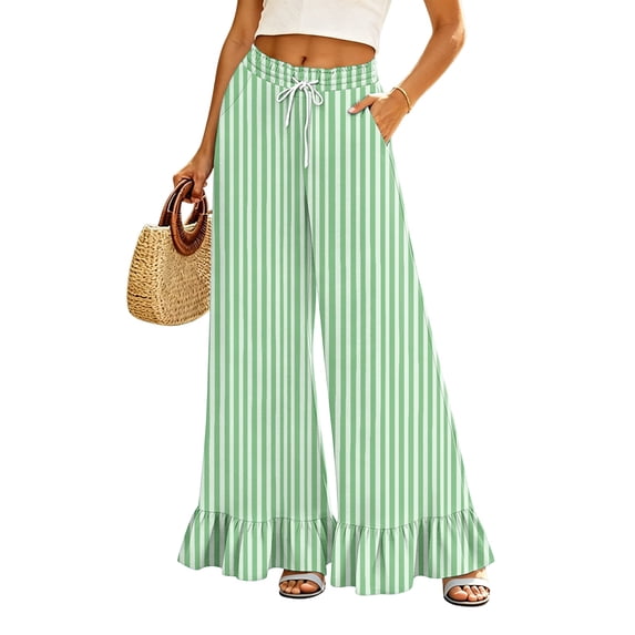 Striped Palazzo Pants for Women Casual Oversized Wide Leg Ruffle Flowy Pants with Pockets Baggy Vacation Summer Pant, S