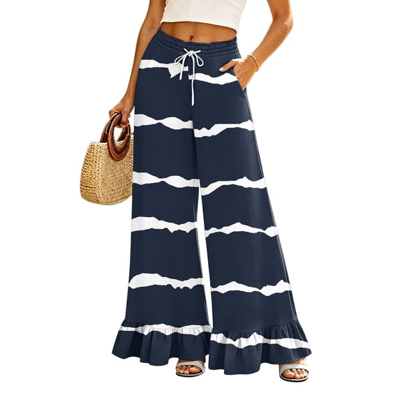 Striped Palazzo Pants for Women Casual Oversized Wide Leg Ruffle Flowy Pants with Pockets Baggy Vacation Summer Pant, S