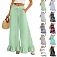 thumbnail image 1 of Striped Palazzo Pants for Women Casual Oversized Wide Leg Ruffle Flowy Pants with Pockets Baggy Vacation Summer Pant, XL, 1 of 7