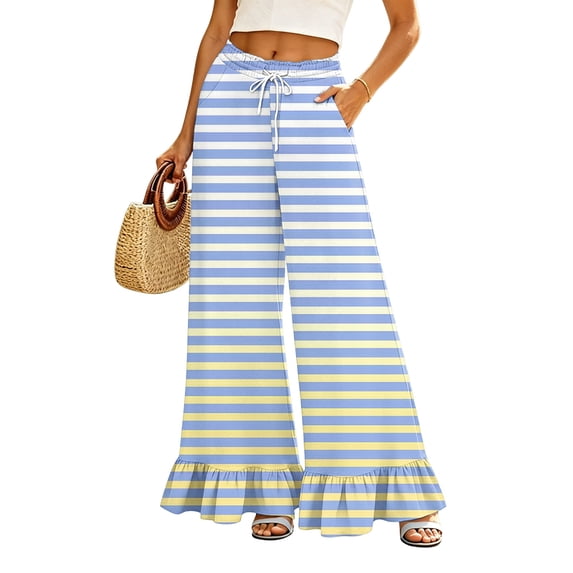 Striped Palazzo Pants for Women Casual Oversized Wide Leg Ruffle Flowy Pants with Pockets Baggy Vacation Summer Pant, XL