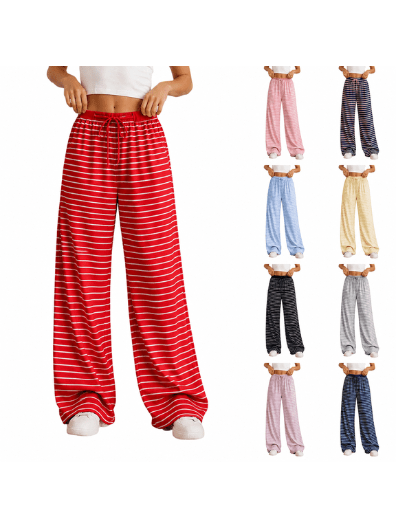 Striped Palazzo Pants for Women Casual Wide Leg Trousers with Drawstring Elastic Waist Relaxed Full Length Lounge Sweatpants S