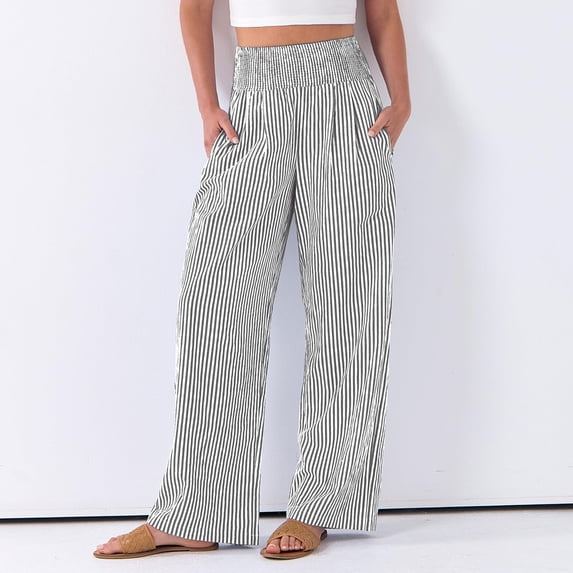 Striped Palazzo Pants for Women Summer High Waisted Wide Leg Casual Lounge Trousers with Pockets Cute Gingham Beach Pants Black M